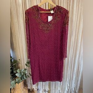 Vintage beaded, burgundy, long-sleeve cocktail sheer overlay dress